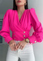 Women's V-Neck Sexy Long-Sleeved Short Slim Waist Puff Sleeve Solid Color Pleated Shirt