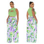 Women's Fashion Sleeveless Round Neck Cropped Top Printed Wide Leg Pants Two-Piece Set