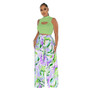 Women's Fashion Sleeveless Round Neck Cropped Top Printed Wide Leg Pants Two-Piece Set