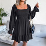 Women Fall Winter Square Neck Bell Bottom Long Sleeve Ruffle Dress