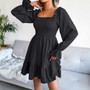 Women Fall Winter Square Neck Bell Bottom Long Sleeve Ruffle Dress