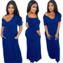 Women Sexy Solid Short Sleeve V-neck Long Dress