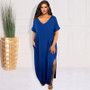 Plus Size Women's Summer Short Sleeve V-Neck Casual Long Skirt Loose Slit Dress