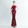 Women ostrich fur beaded evening dress