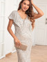 Women Butterfly Sleeve Double V-Neck Sequined Evening Dress