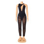 Women's Fashion Sexy Sleeveless Hollow Bodysuit Mesh See-Through ruched pants Ladies two piece set