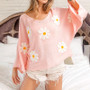 Women V-Neck Flower Embroidered Oversized Sweater