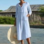 Women Round Neck Button Pocket linen Half-Sleeve Solid Dress