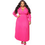 Plus Size Women V-Neck Tie Long Sleeve Pleated Skirt