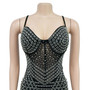 Women's Fashion Solid Color Mesh Beaded Straps Bodycon Club Dress