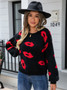 Fall Winter Women's Lips Sweater Round Neck Stylish Pullover Knitting Shirt