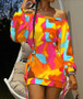 Women Round Neck Tie Dye Print Long Sleeve Loose Dress