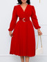 Plus Size Women Long Sleeve V-Neck Pleated Maxi Dress