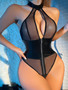 Sexy Women's Cutout Fishnet Low Back Halter Neck Patent Leather Lingerie
