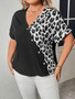 Summer Casual Top Contrast Color Leopard Patchwork Loose Short Sleeve V-Neck Shirt