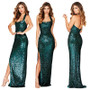 Women Sleeveless Halter Neck Backless Sequin Slit Evening Dress