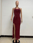 Women Sleeveless Halter Neck Backless Sequin Slit Evening Dress