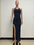 Women Sleeveless Halter Neck Backless Sequin Slit Evening Dress