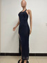 Women Sleeveless Halter Neck Backless Sequin Slit Evening Dress