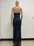 Women Sleeveless Halter Neck Backless Sequin Slit Evening Dress