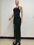 Women Sleeveless Halter Neck Backless Sequin Slit Evening Dress