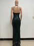 Women Sleeveless Halter Neck Backless Sequin Slit Evening Dress