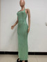 Women Sleeveless Halter Neck Backless Sequin Slit Evening Dress