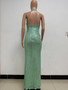 Women Sleeveless Halter Neck Backless Sequin Slit Evening Dress