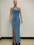 Women Sleeveless Halter Neck Backless Sequin Slit Evening Dress