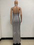 Women Sleeveless Halter Neck Backless Sequin Slit Evening Dress