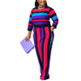 Plus Size Women's Fall Round Neck Long Sleeve Stripe Two Piece Pants Set