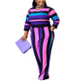 Plus Size Women's Fall Round Neck Long Sleeve Stripe Two Piece Pants Set