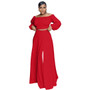 Fashion Off Shoulder Lantern Sleeves Top Slit Large Flared Skirt Two-Piece Set