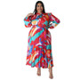 Plus Size Women Lace-Up Long Sleeve Printed Pleated Dress