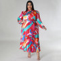 Plus Size Women Lace-Up Long Sleeve Printed Pleated Dress