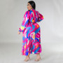 Plus Size Women Lace-Up Long Sleeve Printed Pleated Dress