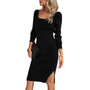 Autumn Winter Chic Elegant Square Neck Knitted Bodycon Dress