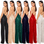 Women's Sleeveless Deep V Halter Neck Low Back Sequin Jumpsuit T