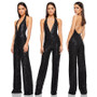 Women's Sleeveless Deep V Halter Neck Low Back Sequin Jumpsuit T