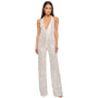 Women's Sleeveless Deep V Halter Neck Low Back Sequin Jumpsuit T