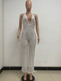 Women's Sleeveless Deep V Halter Neck Low Back Sequin Jumpsuit T