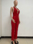 Women's Sleeveless Deep V Halter Neck Low Back Sequin Jumpsuit T