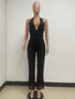 Women's Sleeveless Deep V Halter Neck Low Back Sequin Jumpsuit T