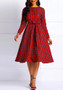 Elegant Women's Red Plaid Print Plus Size Dress Fashion Belt Midi Dress For Women