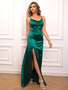 Fashion Solid Color Sexy Straps Lace-Up Low Back Slit Satin Evening Dress