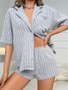 Fashionable Pajama Suit Ribbed Short-Sleeved Turndown Collar Sleepwear Two-Piece Shorts Set Home Wear Set