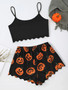 Halloween Pumpkin Print Camisole Top Shorts Lounge Wear Pajama Set