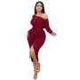 Women's Spring Fashion Sexy Slash Shoulder Drawstring Slit Dress