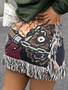 Women Autumn Casual Multi-Color Printed Tassel Mini Skirt