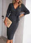 Women v-neck long sleeve knitting Lace-Up dress